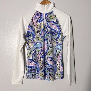 ATHLETA Women's Rash Guard Long Sleeve 1/4 Zip Top, WHITE/MULTICOLOR PAISLEY, S